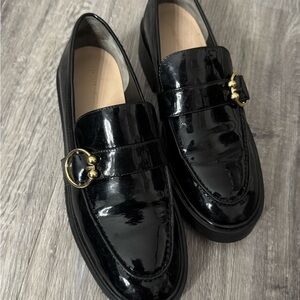 Stuart weitzman Black Patent Leather Loafers with Gold Buckle